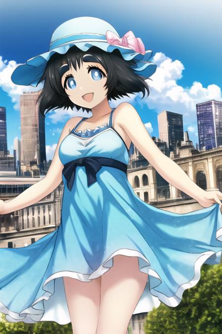 10026-2718680266-best quality, masterpiece, hukestyle, shiinamayuri, blue dress, blue eyes, hat, smile city, black hair, thick eyebrows.png